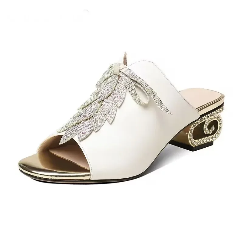 Snakeskin PU Leather Hollow Out Metal Decoration Square Heel Slippers Rhinestone Light Peep Toe Slides Retro Non-Slip Sandals