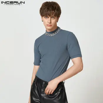 INCERUN 남성용 반팔 티셔츠, 단색 상의, 캐주얼 스트리트웨어, 패션 S-5XL, 2023 여름