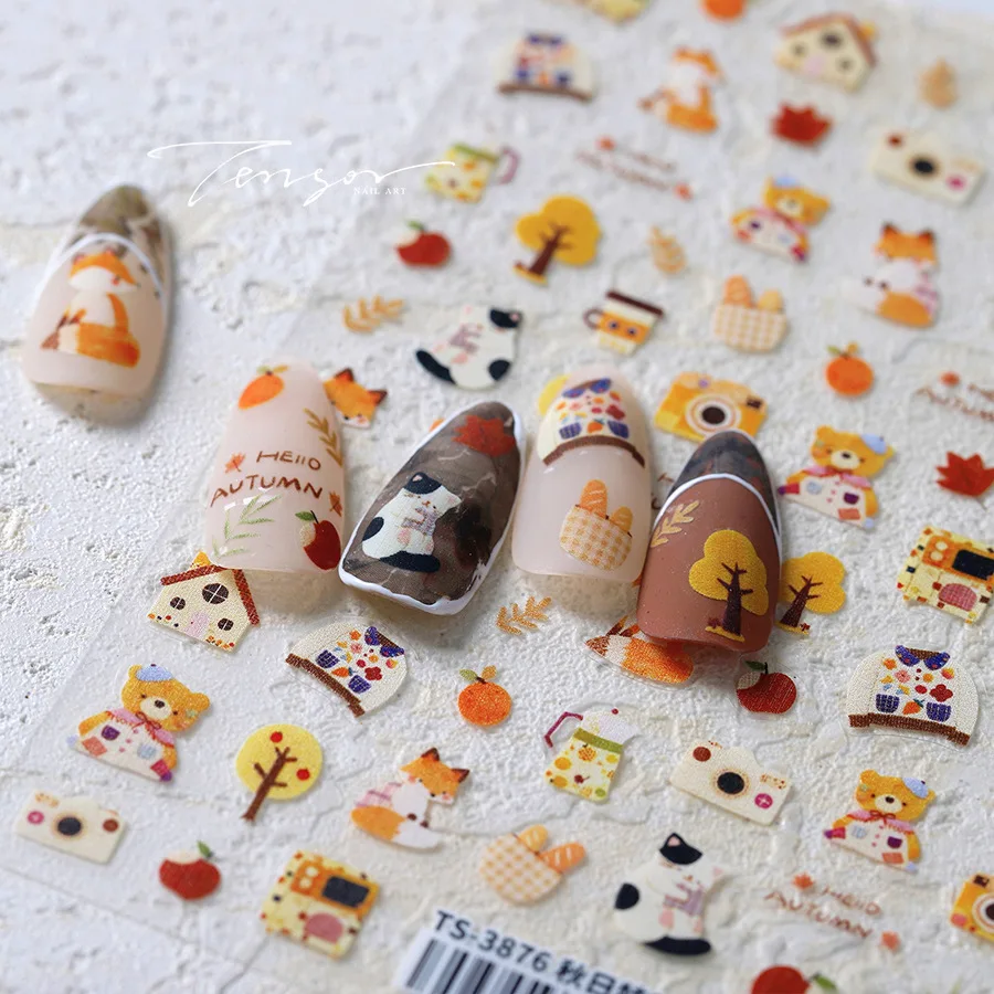 고양이 여우 건강 냄비 카메라 스웨터 곰 나무 낙엽 배낭 사과 과일 음식 5D 접착제 네일 아트 스티커 매니큐어 데칼
