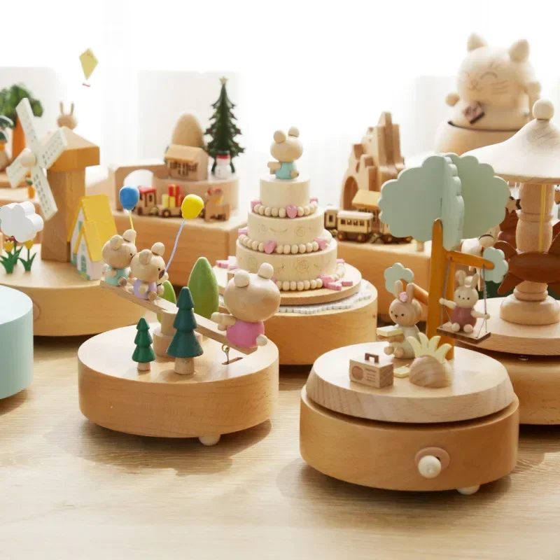 Carousel Music Box Wooden Music Box Wind Up Cartoon Musical Boxes For Girls Christmas Birthday Gift Or Desk Decoration Ornament