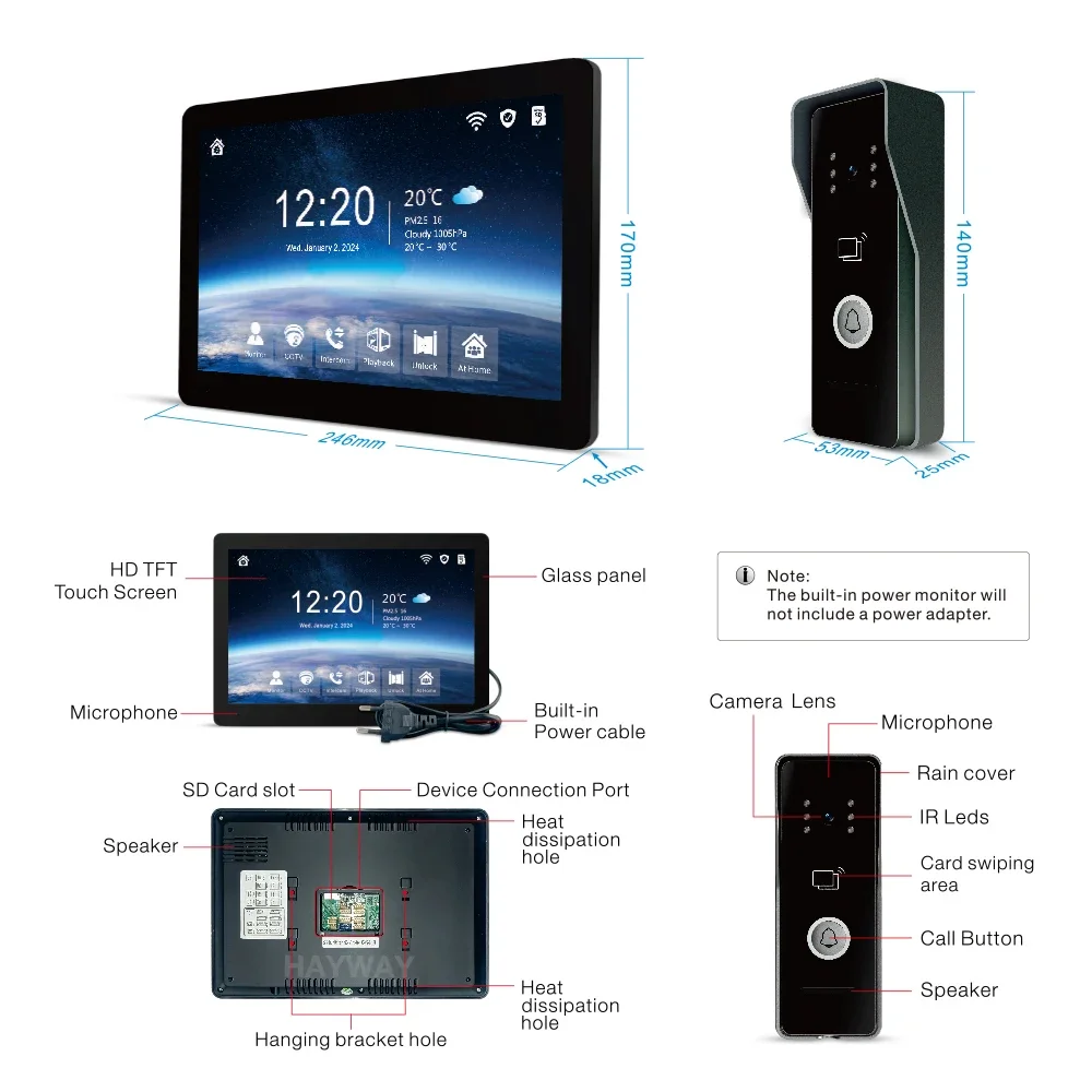 Hayway 10 " Tuya WiFI Smart 1080P Video Intercom System With Mobile Detection IPS Full Touch Monito ID Access Control Unlocking