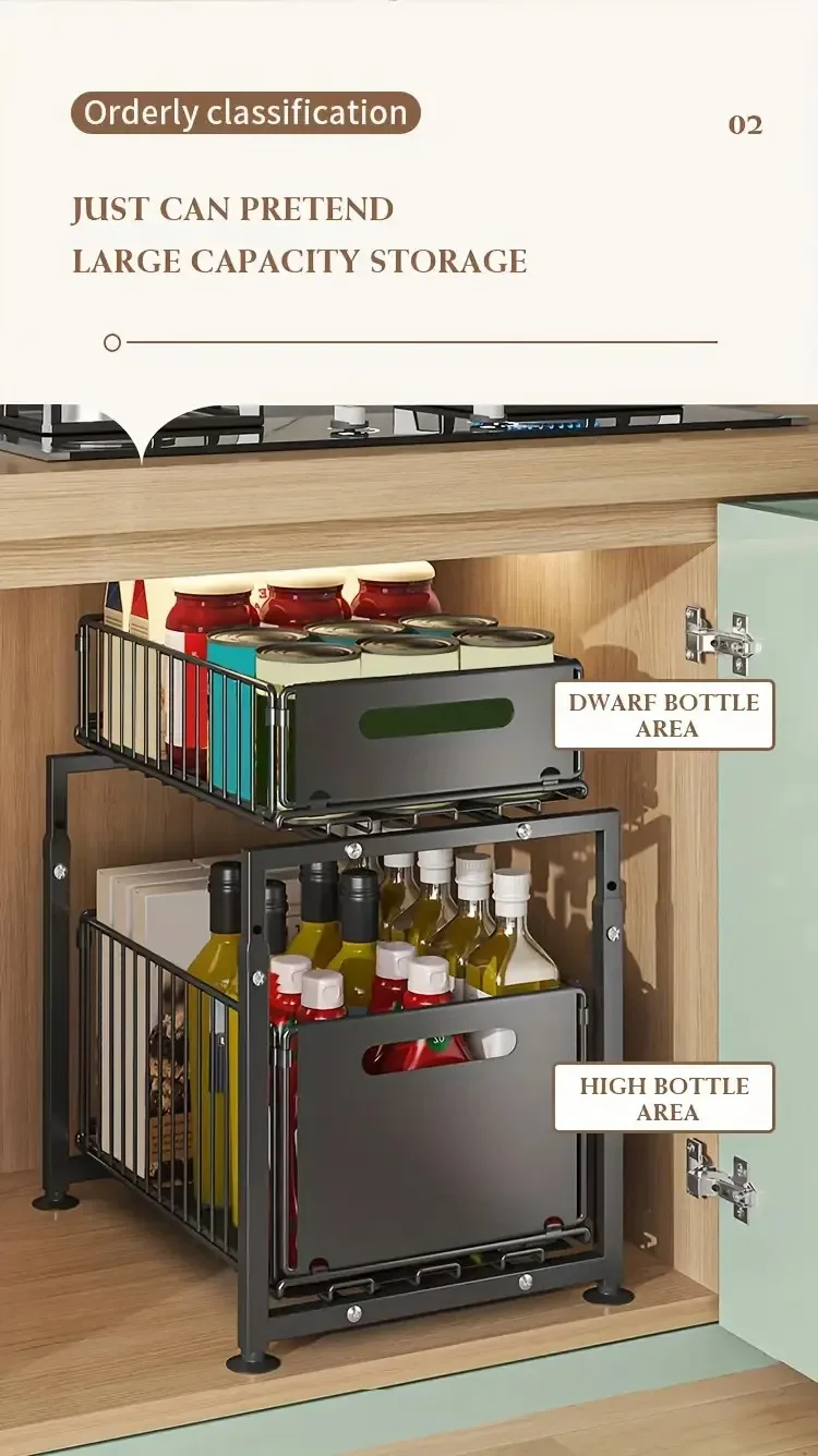 Description Picture 5 of item2 Tier Kitchen Under Bathroom Sink Organizers Pull-Out Cabinet Shelf Organizer Storage Rack Sliding Cabinet Basket Kitchen Items