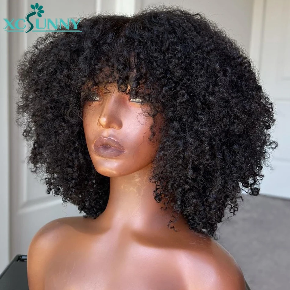 Kinky Curly Bang Wig Human Hair Short Curly Human Hair Wigs With Bangs Full Machine Made Wig Glueless Natural Hair Xcsunny 2