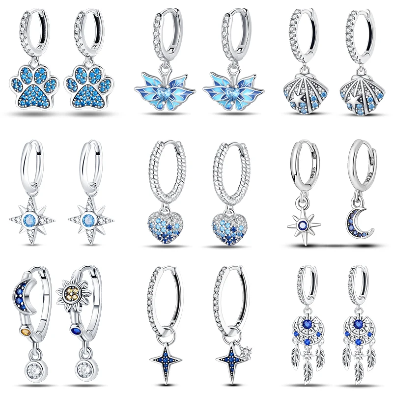 Silver Earrings 925 Silver Color Blue Zircon Stars Moon Irregularity For Woman Fine Birthday Jewelry Gifts