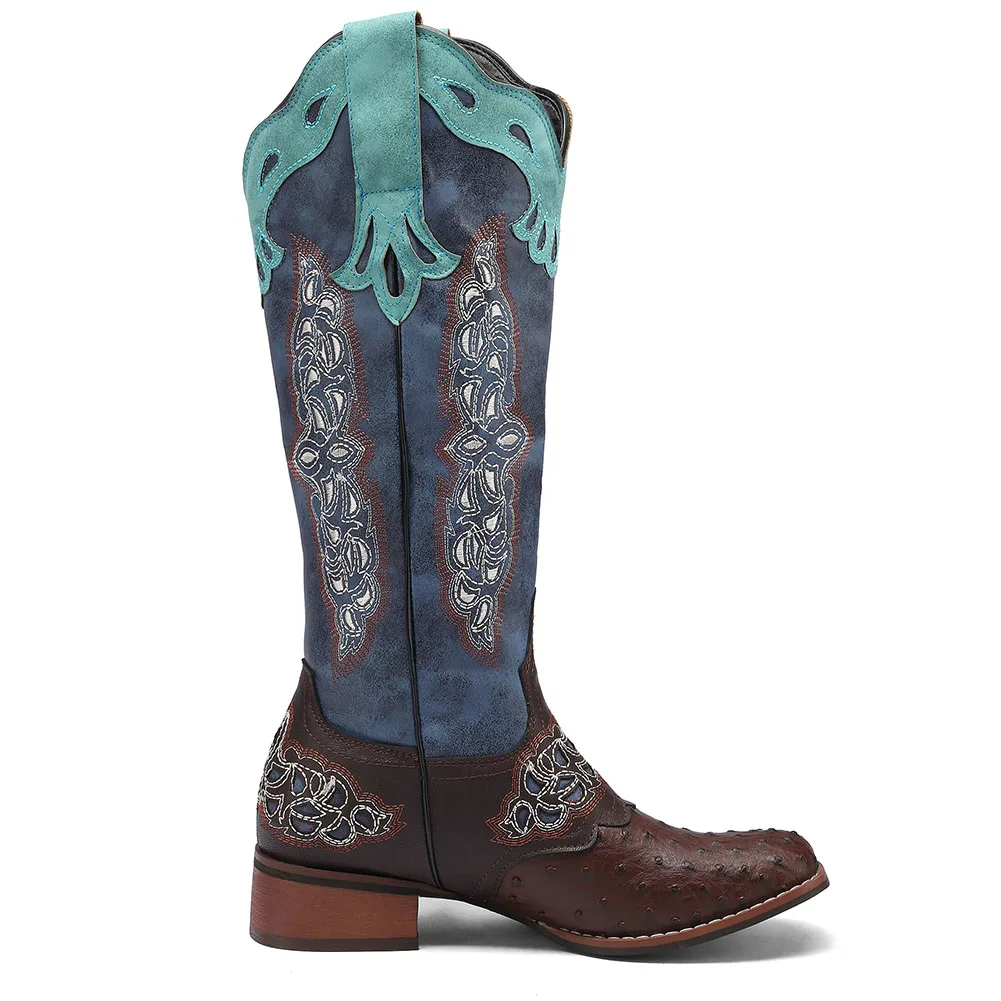 AOSPHIRAYLIAN Western Cowboy Patchwork Sewing Floral Boots For Women 2023 Knee High Retro Cowgirl Riding Women's Shoes Boots