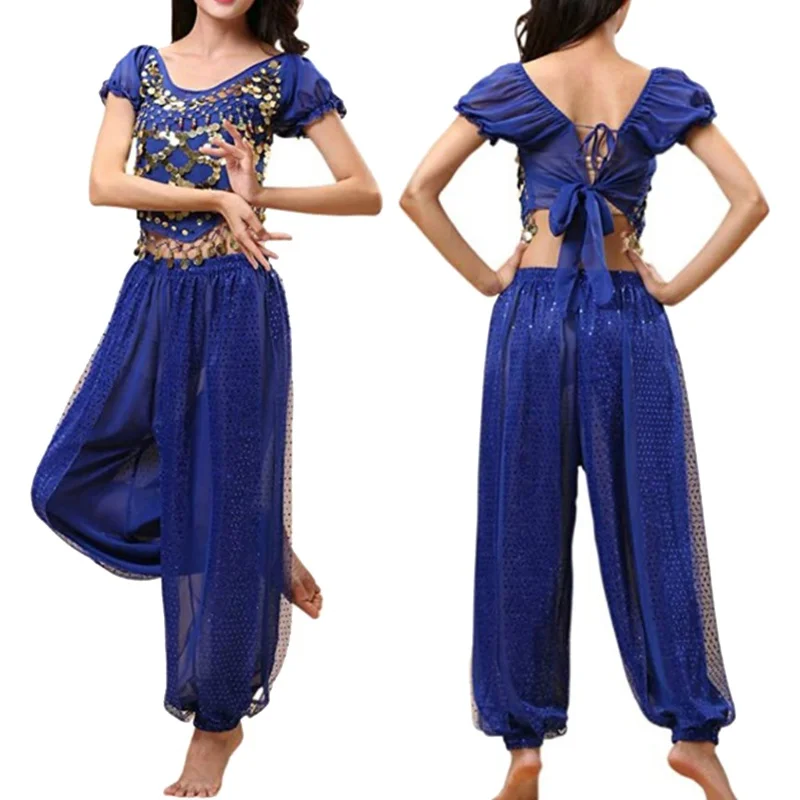 

Womens Belly Dance Set Costume Sequin Tops with Harem Trousers Crop Top Harem Pants Arabic Halloween Dance Outfit
