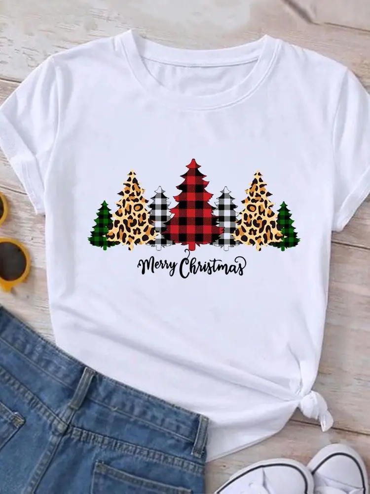 

Новогодняя Рождественская клетчатая футболка с рисунком елки, футболка с принтом, топ, модная женская Праздничная футболка с коротким рукавом, одежда
