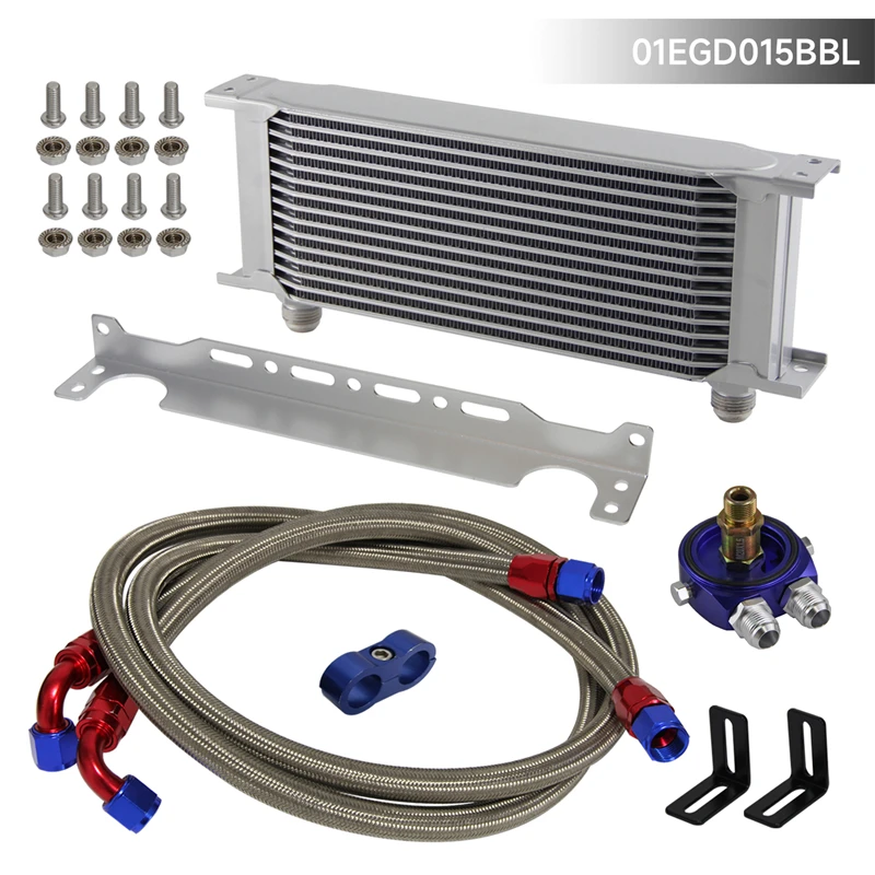 

15 Row AN10 7/8"-14 UNF Universal Engine Oil Cooler w/Bracket +Oil Filter Adapter Hose Lines Kit Blue/Black