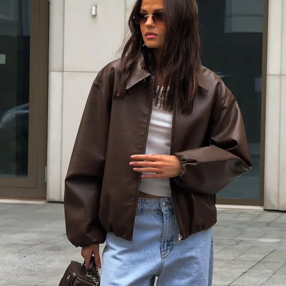 Veste bomber en cuir PU pour femme, à fermeture éclair, col à revers, manches longues, coupe ample, marron, pour l'automne et l'hiver, style streetwear vintage
