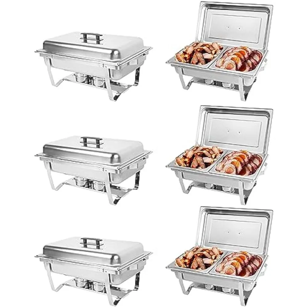 Chafing Dish Buffet Set of 6, 8QT Stainless Steel Rectangular Chafers and Buffet Warmer Sets for Catering, Foldable Complete
