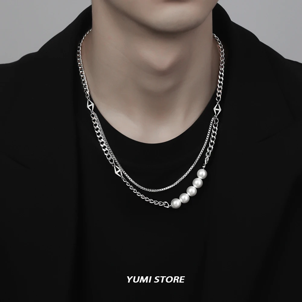 Hip Hop Double Layer Pearl Necklace for Man Woman Titanium