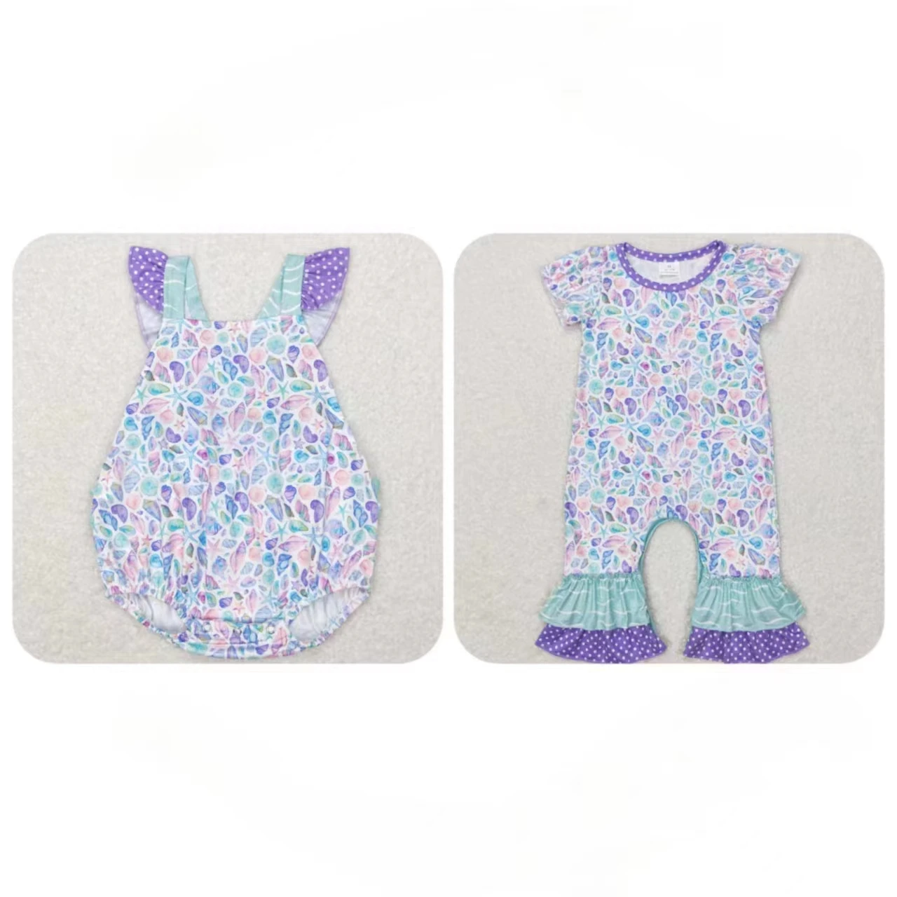 

Wholesale Baby Girl Seashells Romper Clothing One-piece Newborn Bodysuit Toddler Ruffle Snap Button Short Sleeves Jumpsuit