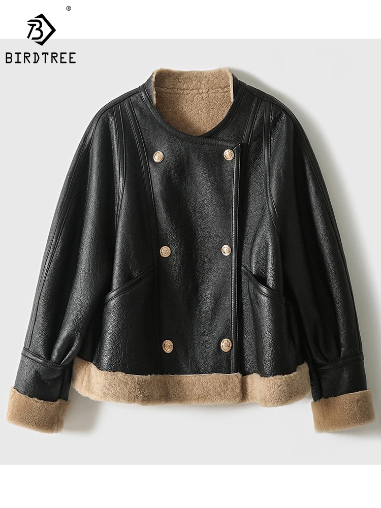 

Birdtree Sheepskin Fur Integrated Fur Coat Round Neck Versatile Warm Soft Comfortable Commuting High-end Short Jacket C30016QD