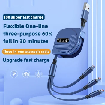 AIXXCO 100W USB Charger 3 in 1 Cable 6A for Huawei Retractable Portable Micro USB Type C Cable Charging Cable For iPhone Samsung 6