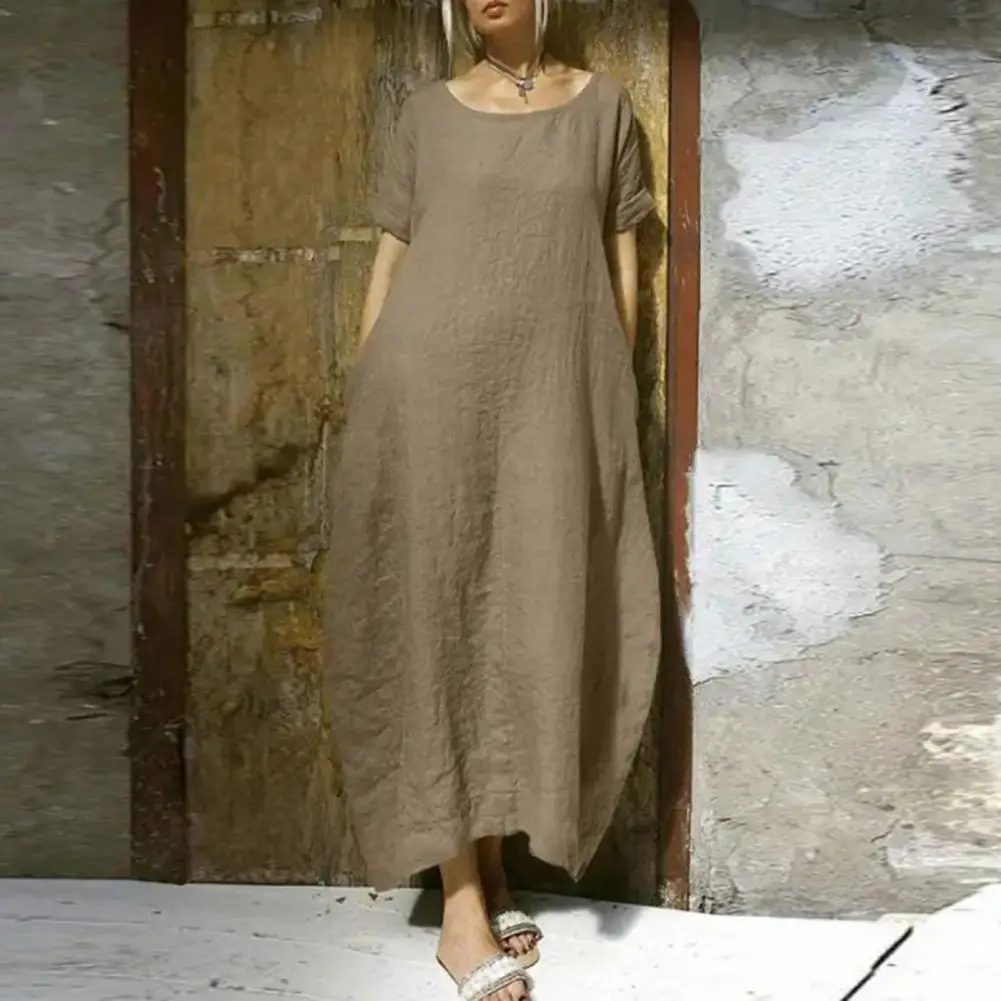 

Beach Party Dress Oversized A-line Maxi Dress with Pockets for Women Solid Color Short Sleeves Soft Plus Size Breathable Ankle