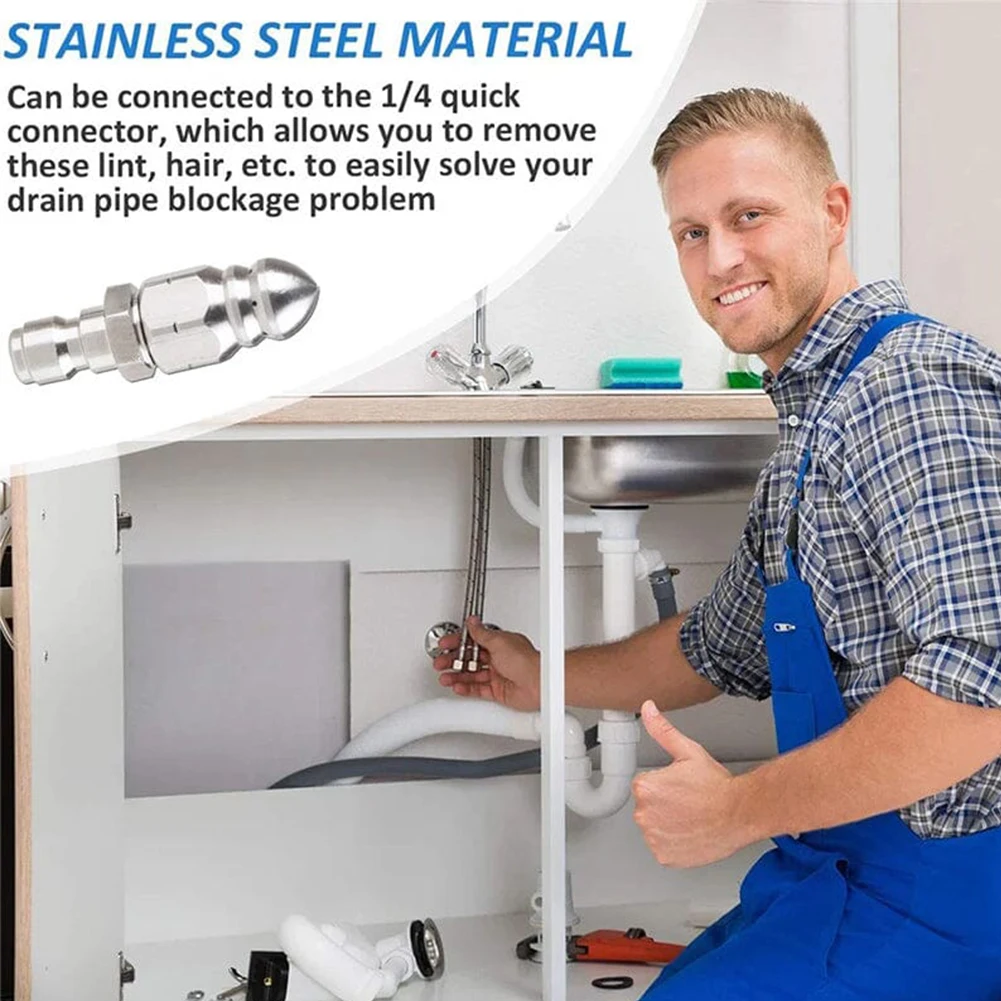 Sewer Jetter Nozzle Pressure Drain Jetter Hose Nozzle Stainless Steel Sewer Cleaning Nozzle Multifunction for Household Cleaning