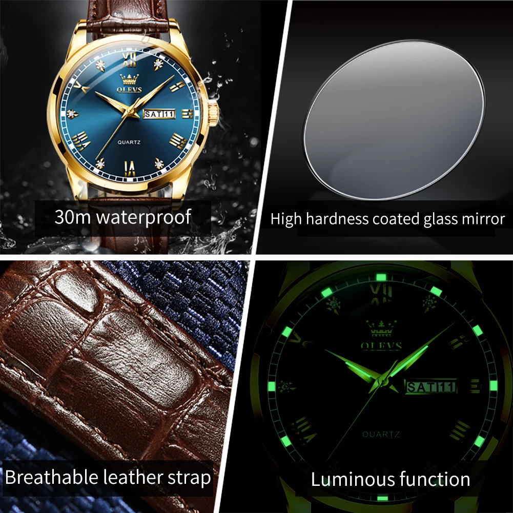 OLEVS 2024 New Fashion Quartz Watch for Men Leather Strap Warterproof Week Date  Mens Watches Top Brand Luxury Relogio Masculino