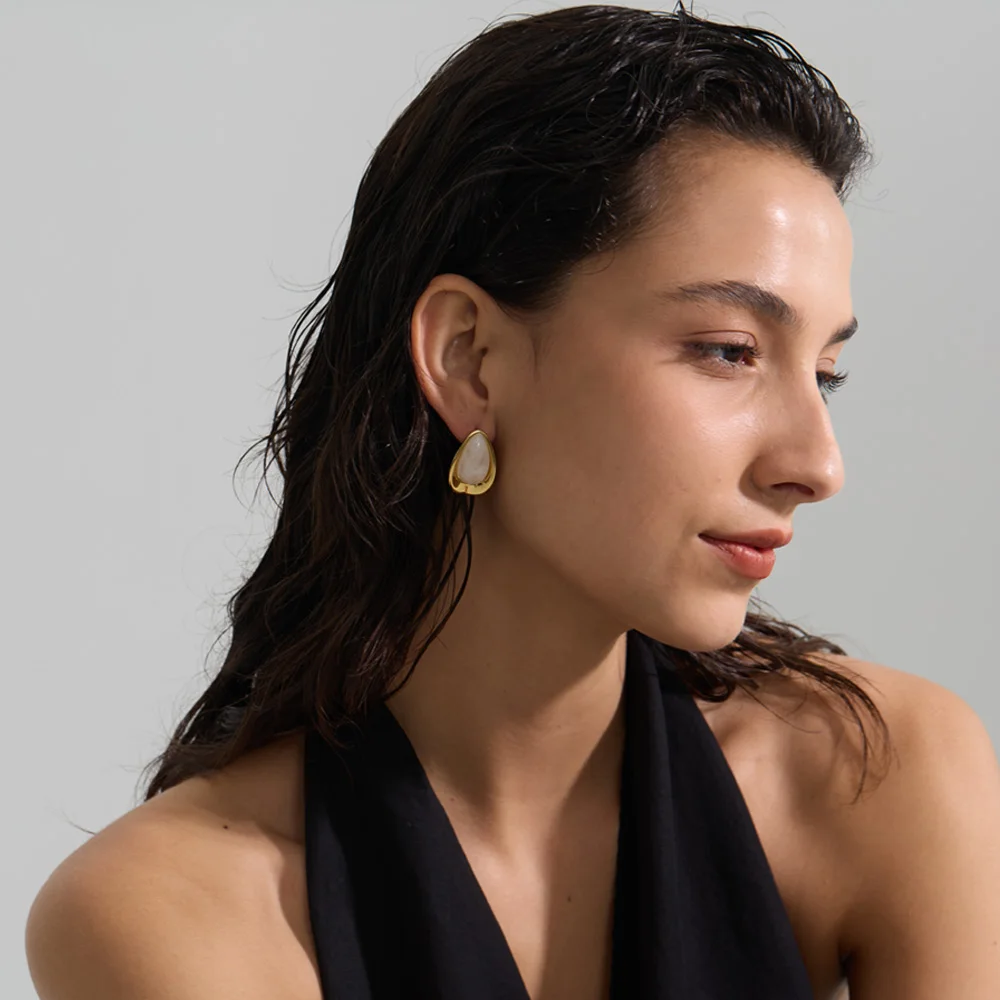 Yhpup Earrings Oval Stud 18K Golden Plated