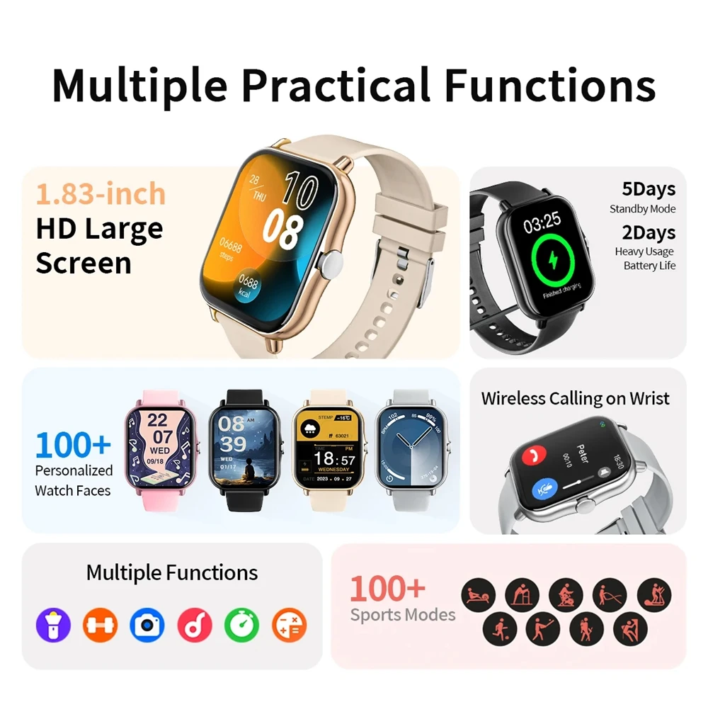 1.83'' Waterproof Smart Watch with Message Answer Call Sleep Monitoring Sports Pedometer Information Alerts For iPhone Android 3
