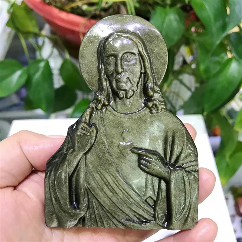 

3.9" Natural Golden Obsidian Crystal Hand Carved Jesus Statue Healing Feng Shui Energy Gemstone Crafts For Home Decoration 1pcs