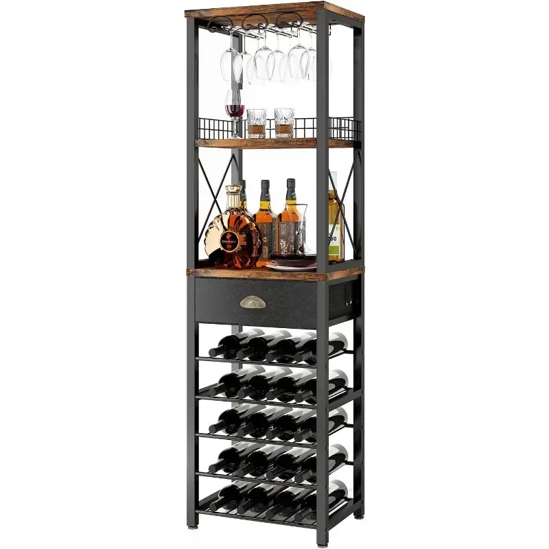 OEING Wine Rack Freestanding Floor, Bar Cabinet for Liquor and Glasses, 4-Tier bar Cabinet with Tabletop, Glass Holder Storage