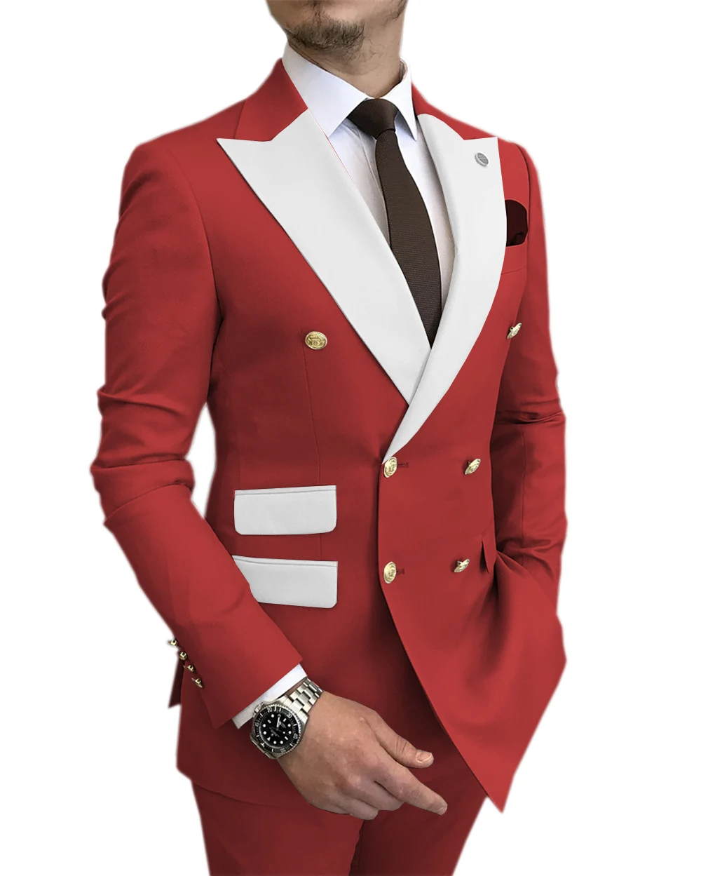 

Red Men's 2 Pieces Suits Wedding Tuxedos Party Wear Double Breasted Groom Suits Slim Fit White Peaked Lapel Best Man Blazer