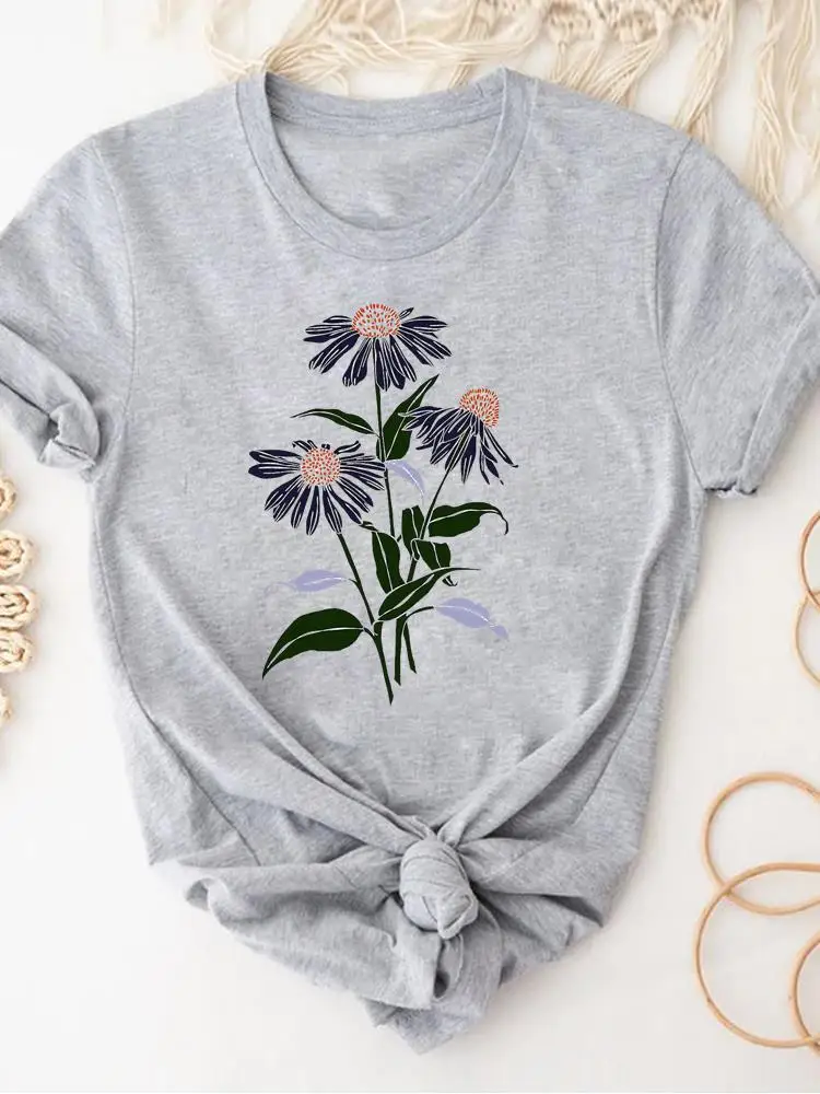 Women Clothing Print Gray T Shirt Short Sleeve Summer Top Plant Flower Trend Fashion Clothes Basic Tee Graphic T-shirt