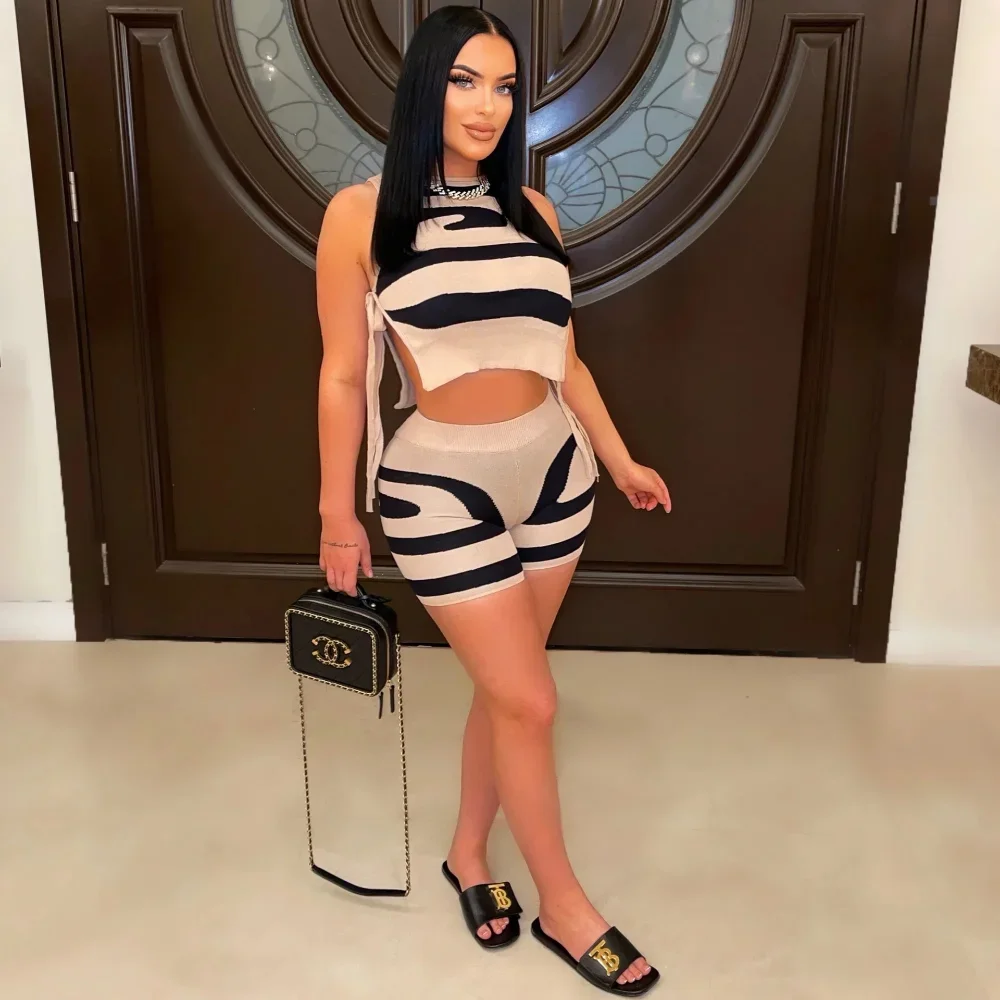 Wmstar Two Piece Set Patchwork Knitted  Women O Neck Sleeveless Lace Up Vests Crop Top Shorts Suit Stretchy Tracksuits Wholesale