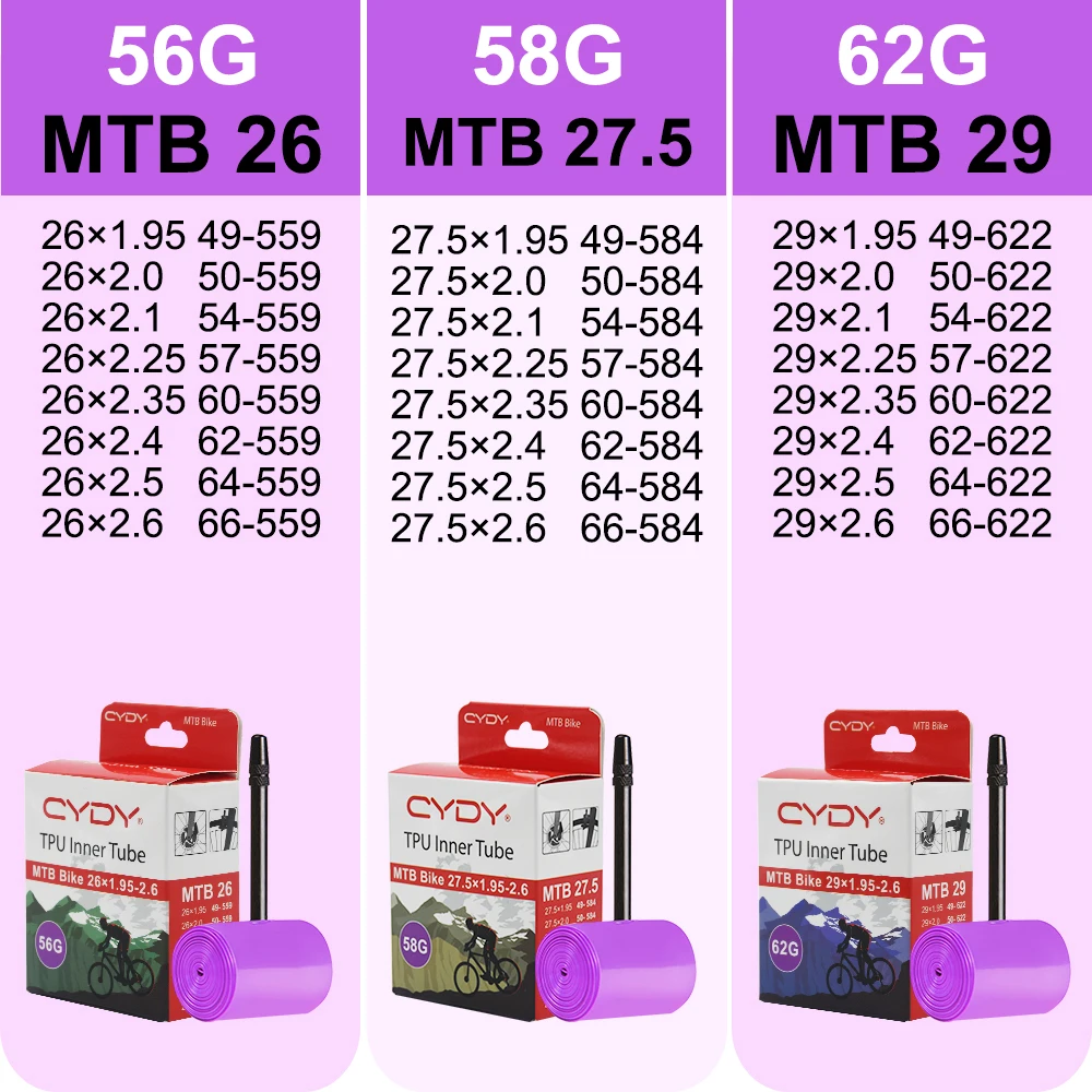 CYDY MTB 자전거 내부 튜브 초경량 카메라, TPU 29x1.95 2.0 2.1 2.2 2.3 2.4 2.5, 2.6 인치 산악 자전거 타이어 29er, 29 26 27.5