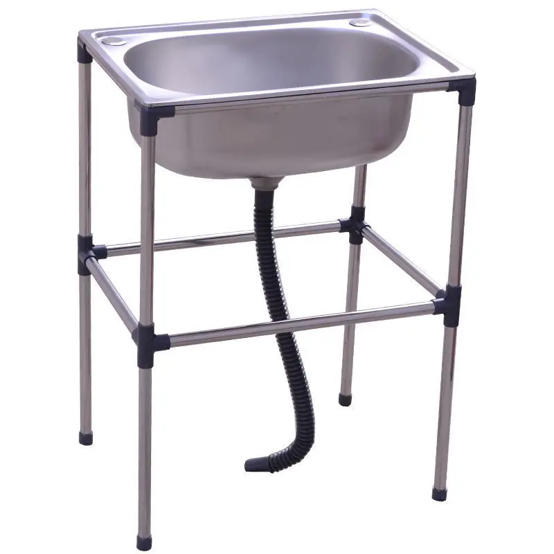 Thickened Stainless Steel Sink with Bracket Simple Sink Wash Basin with Floor-Standing Shelf Single Sink Kitchen Vegetable Basin