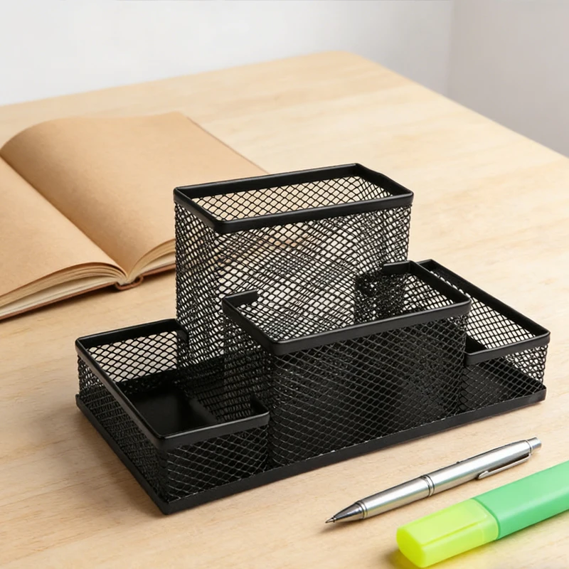 Elegant Iron Art Pen Holder Storage Box – Minimalist Square Desktop Organizer