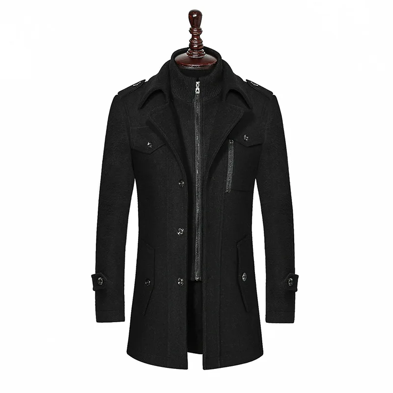 2023 Men's coat vertical zipper autumn and winter detachable double layer collar wool woolen  standard youth  trench 
