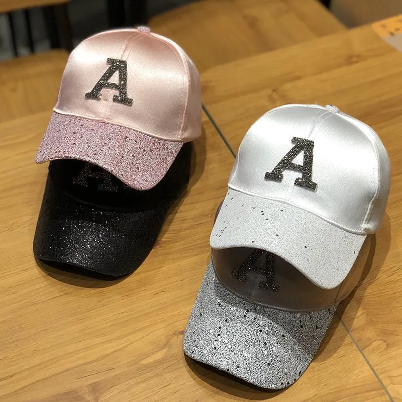 Fashion Shiny Letter A Baseball Cap Women Girl Silk Satin Spring