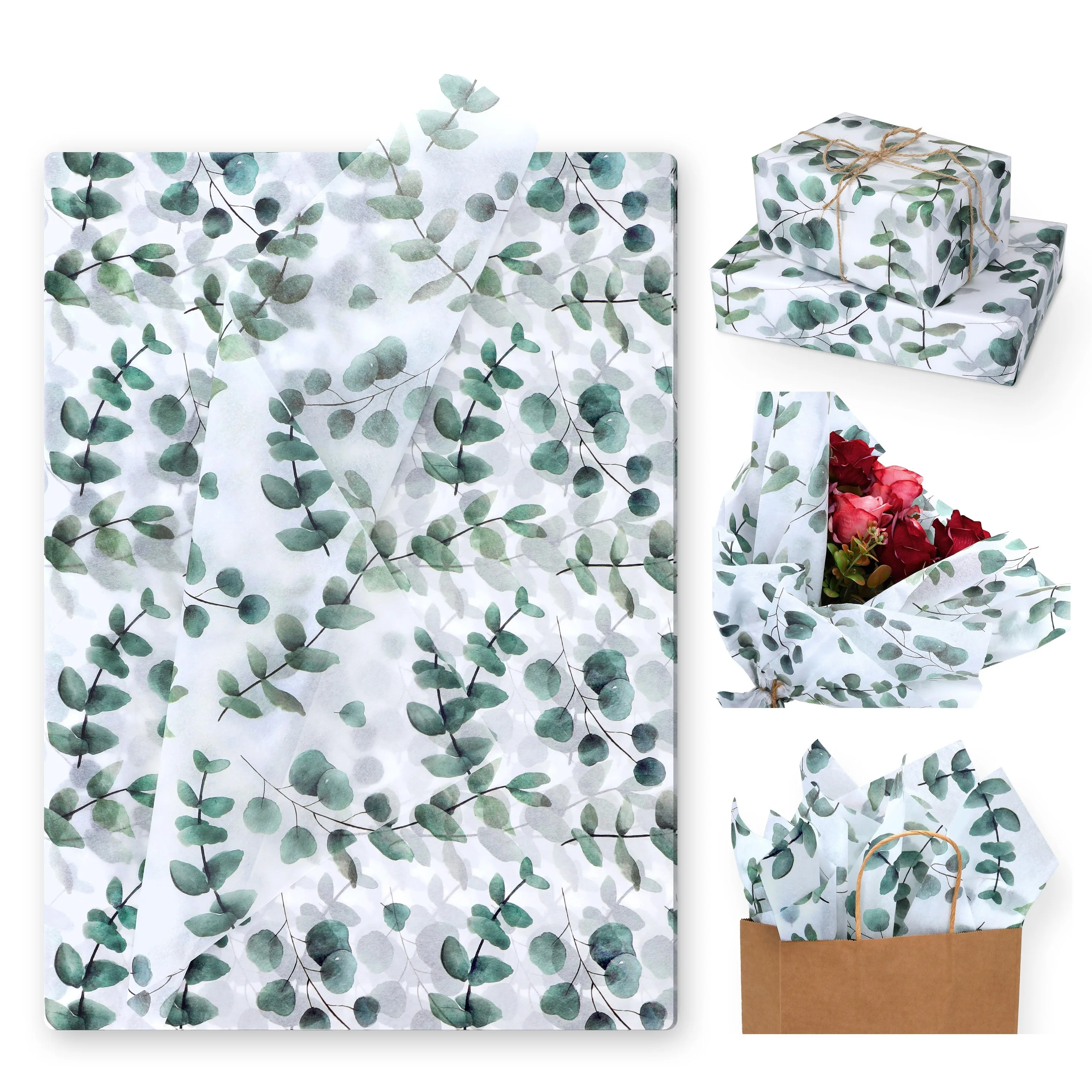 30/10pcs eucalyptus & snow pear tissue paper 35x50 cm green leaf design for gift wrapping party favors birthdays weddings