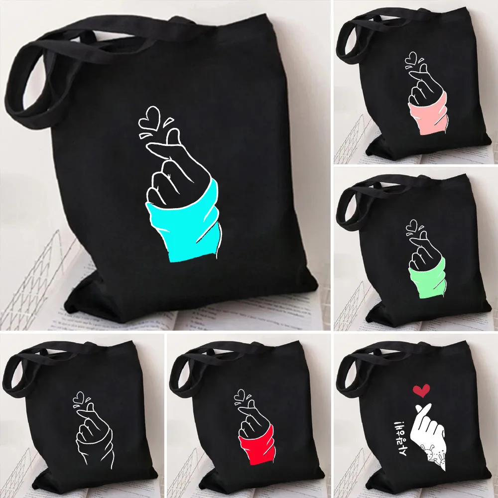 

Cute Hand Love Heart Female Women's Canvas Tote Bags Shopper Shoulder Shopping Cotton Harajuku Aesthetic Fashion Ladies Handbags
