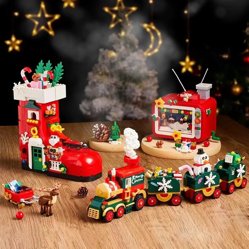 

Creative Christmas Tree Shoes Train TV Building Blocks Santa Claus Snow Man Reindeer Assemble Bricks Toys New Year Gifts For Kid