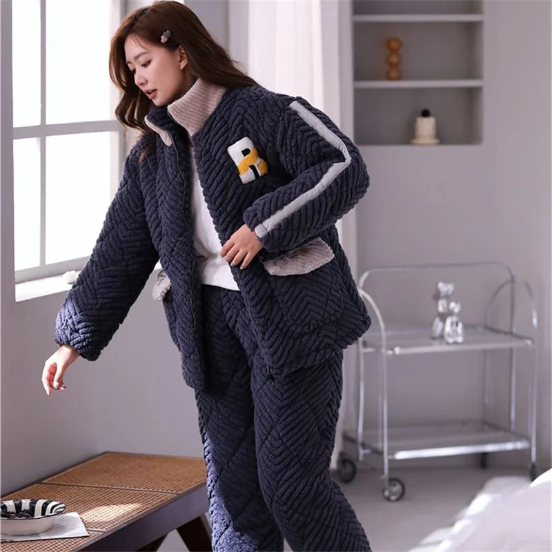 Winter Pajamas Women's Three-layer Padded Sleepwaear Suit Warm Velvet Thicken Girls Cute Foreign Style Hot Loungewear Set Pijama