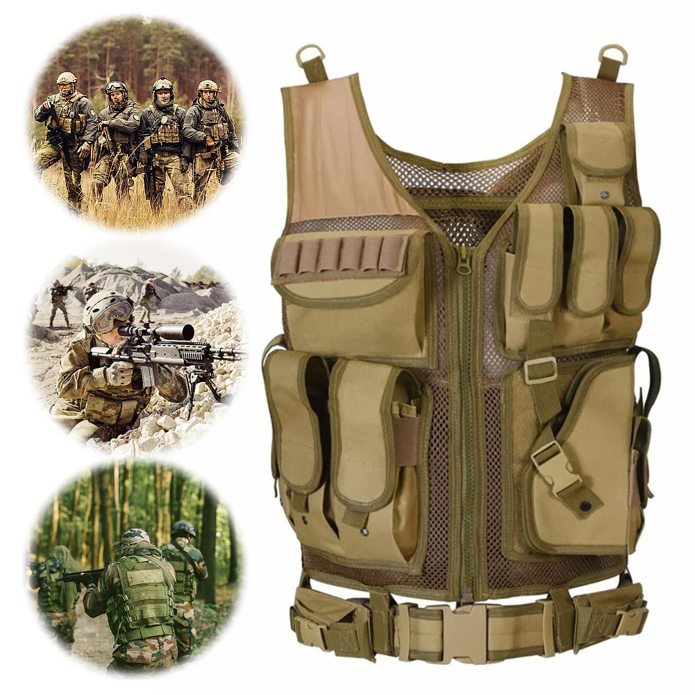 Nylon Molle Vest Adjustable Mesh Vest Combat Body Armor Vests Multi-Pocket Plate Carrier Vest for Outdoor Hunting