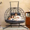 Double Egg Swing Chair with Stand, 2 Person Wicker Hanging Chair with Stand, Outdoor Indoor Oversized Hammock Chair 1