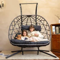 Double Egg Swing Chair with Stand, 2 Person Wicker Hanging Chair with Stand, Outdoor Indoor Oversized Hammock Chair 1