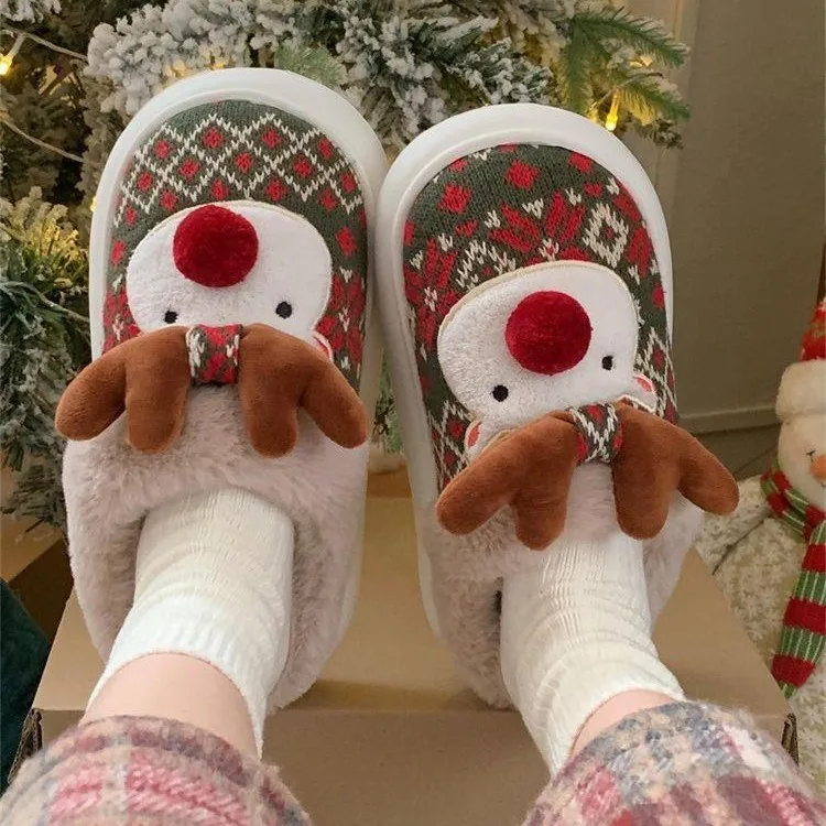 New Christmas Cotton Slippers For Women Cute Cartoon Deer Anti-slip Girls Indoor Home Floor Shoes Couple Fashion Party Slides 5