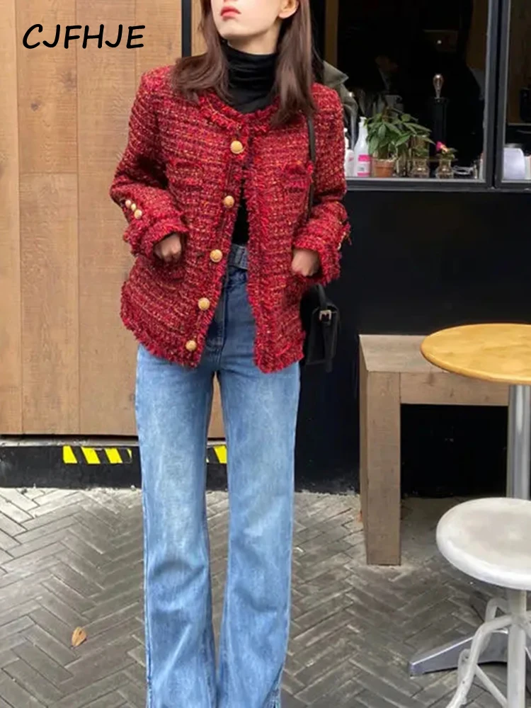 CJFHJE Tassel Red Winter Tweed Suit Jackets Women Casual Short Outerwear Tops Vintage Button O-Neck Long-Sleeved Blazers Female