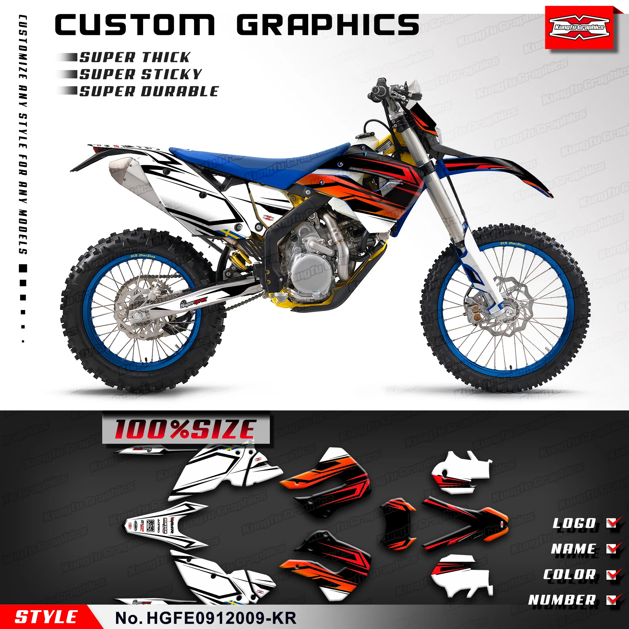 

KUNGFU, графическая клейкая наклейка, глянцевый ламинат для Husaberg FE 390 450 570 2009 2010 2011, HGFE0912009-KR