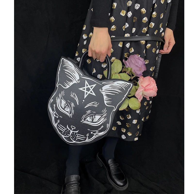 Gothic Pentacle Cat Purses and Handbags for Women Punk Harajuku Style Girls Shoulder Bag Black Top Handle Purse Fashion Totes