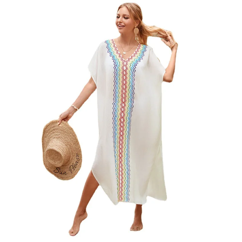 White Long Kaftan Waves Printed Bikini Cover-ups Sexy V-neck Short Sleeve Maxi Dress Tunic Women Beach Wear Swim Suit Cover Up