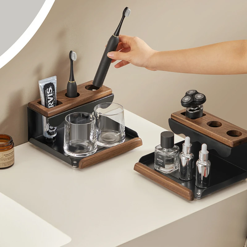 Walnut Electric Toothbrush Holder Bathroom Bathroom Vanity Top Tooth Cup Toothpaste Mouthwash Cup Organiser