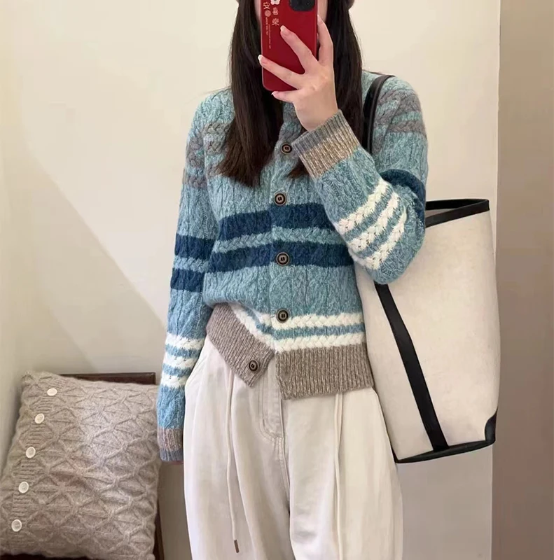 HSY 중공업 두꺼운 라운드 칼라 원사 캐시미어 스웨터, 여성용 캐주얼 스트라이프 100%, 순수 캐시미어 대비 스웨터