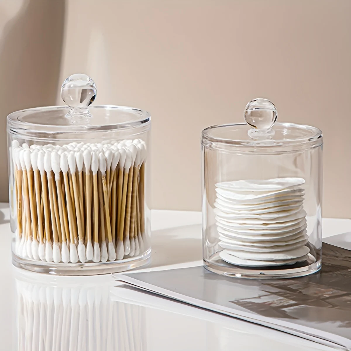 1pc Clear Apothecary Qtip Storage Jar With Bamboo Lids Vanity Makeup Organizer Storage Containers For Swab Ball Pads