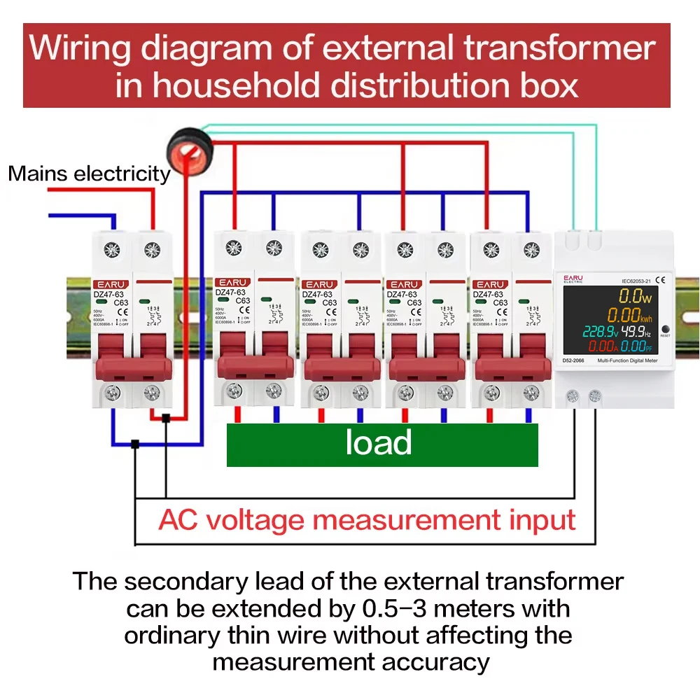 Energy Meter Din Rail Electricity Usage Monitor with Voltmeter, Ammeter, and Power Measurement Functions (AC 40-300V, 100A)