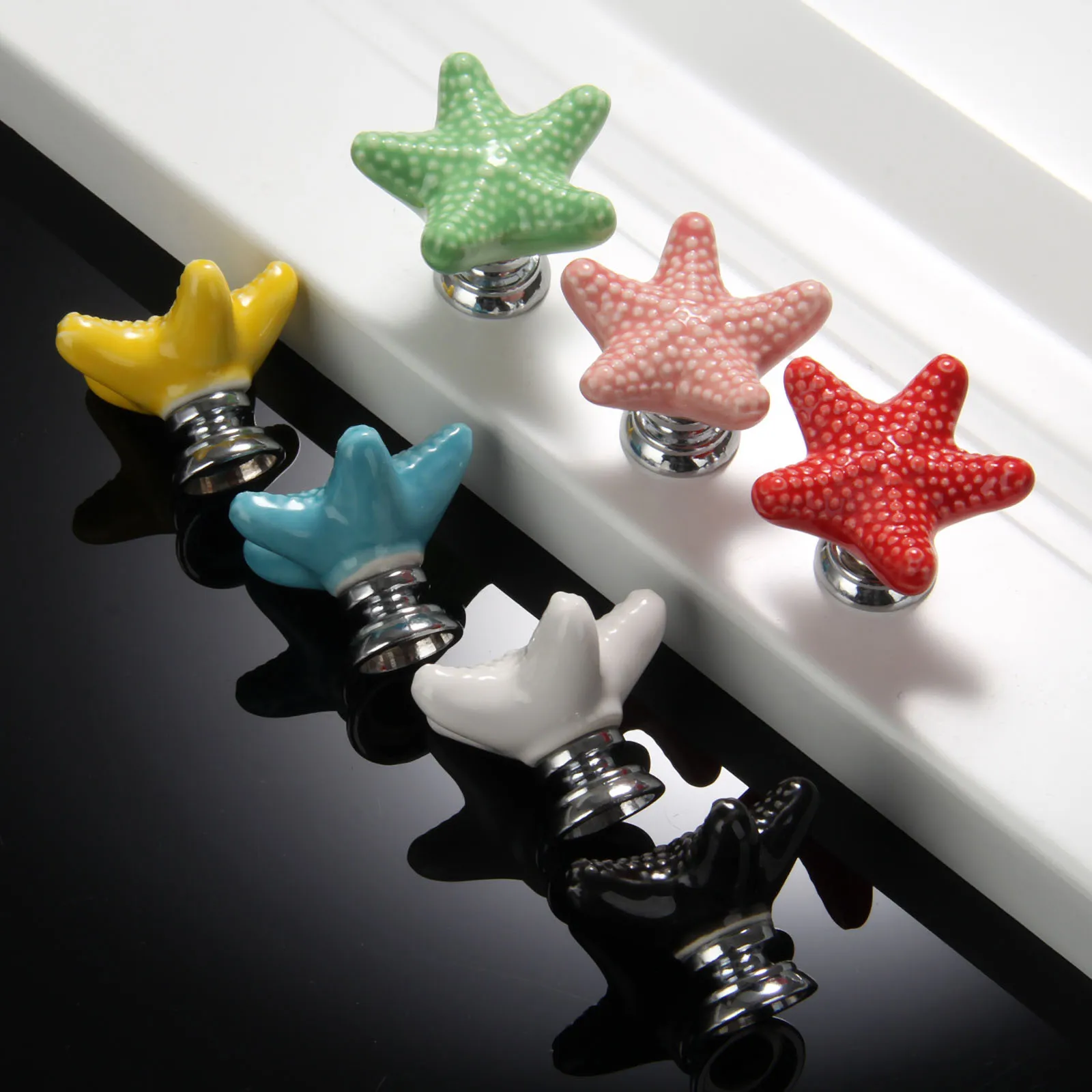 Furniture Knobs 1pc Ceramic Starfish Knob w/screw Granular Texture Handle Colorful Five-Star Pull Drawer Cabinet Kitchen Furniture Decor Home